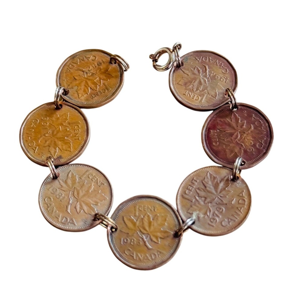 Coin Good Luck Canadian Charm Bracelet VTG Retro Link Coins Canada Souvenir‎ 70s